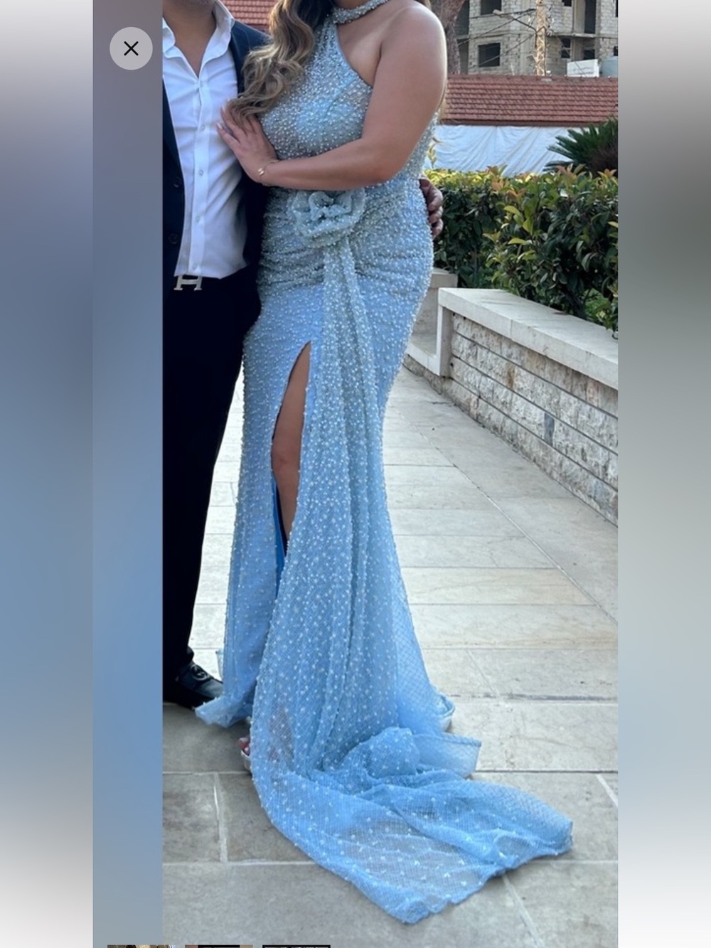 Elegant Light Blue Beaded Evening Gown with Thigh Slit